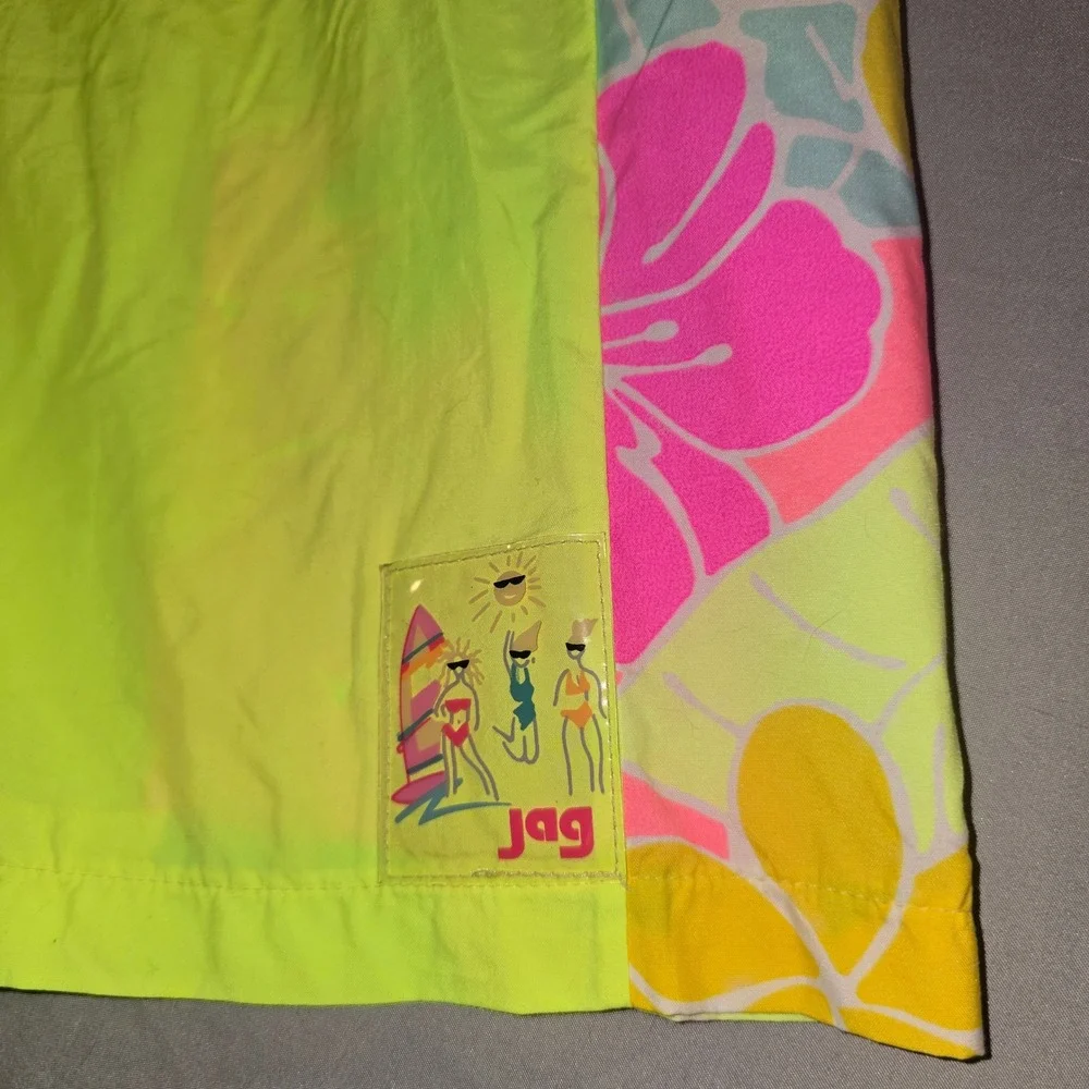 Jag Swim Trunks Medium Mens Neon Pink Yellow Floral 90s Vintage Made in USA